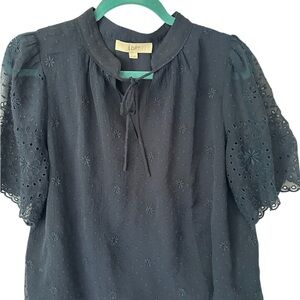 LOFT Black Eyelet Puff Sleeve Blouse